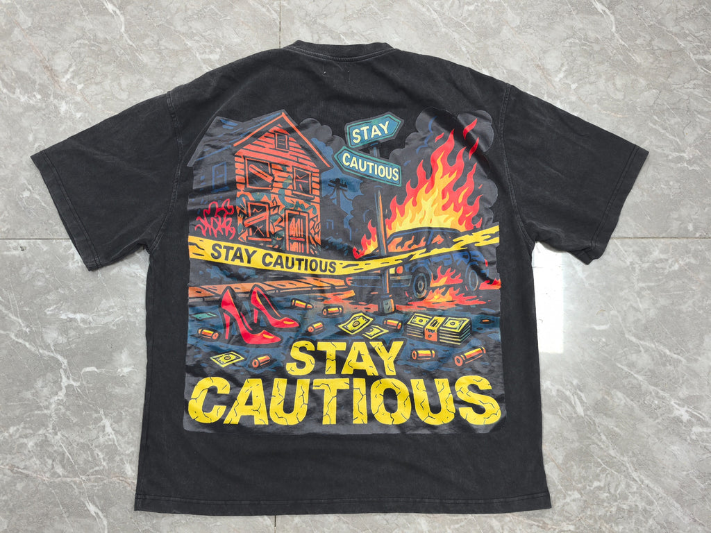Stay Cautious (acid wash) Black Tee