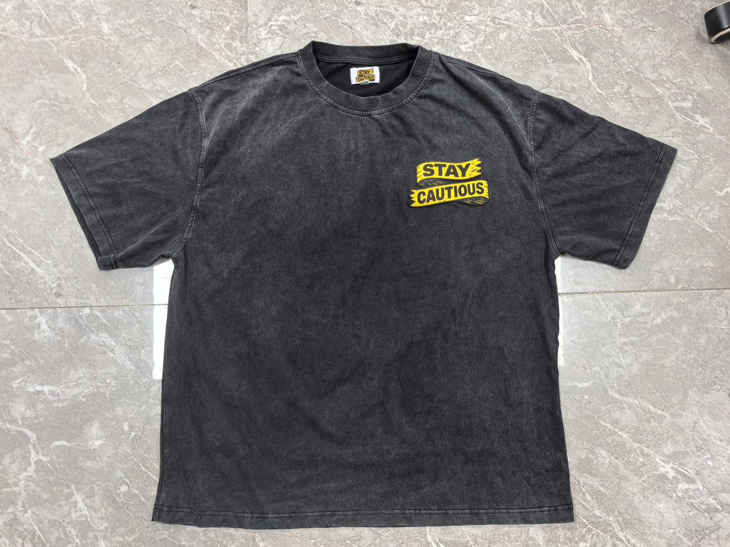 Stay Cautious (acid wash) Black Tee